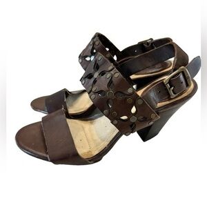 frye brown leather skye cut sling floral studded heeled sandals